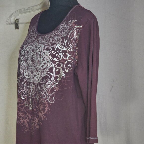 Zenergy Mauve Silver Foil Rhinestone Beaded 3/4 Sleeve Cotton Top Chico 3 US XL - Picture 10 of 16